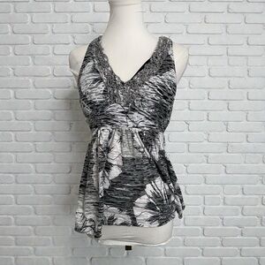 Y2K Abstract Print Empire Waist Tank Top • Fairycore Grunge • Lace Trim V-Neck S